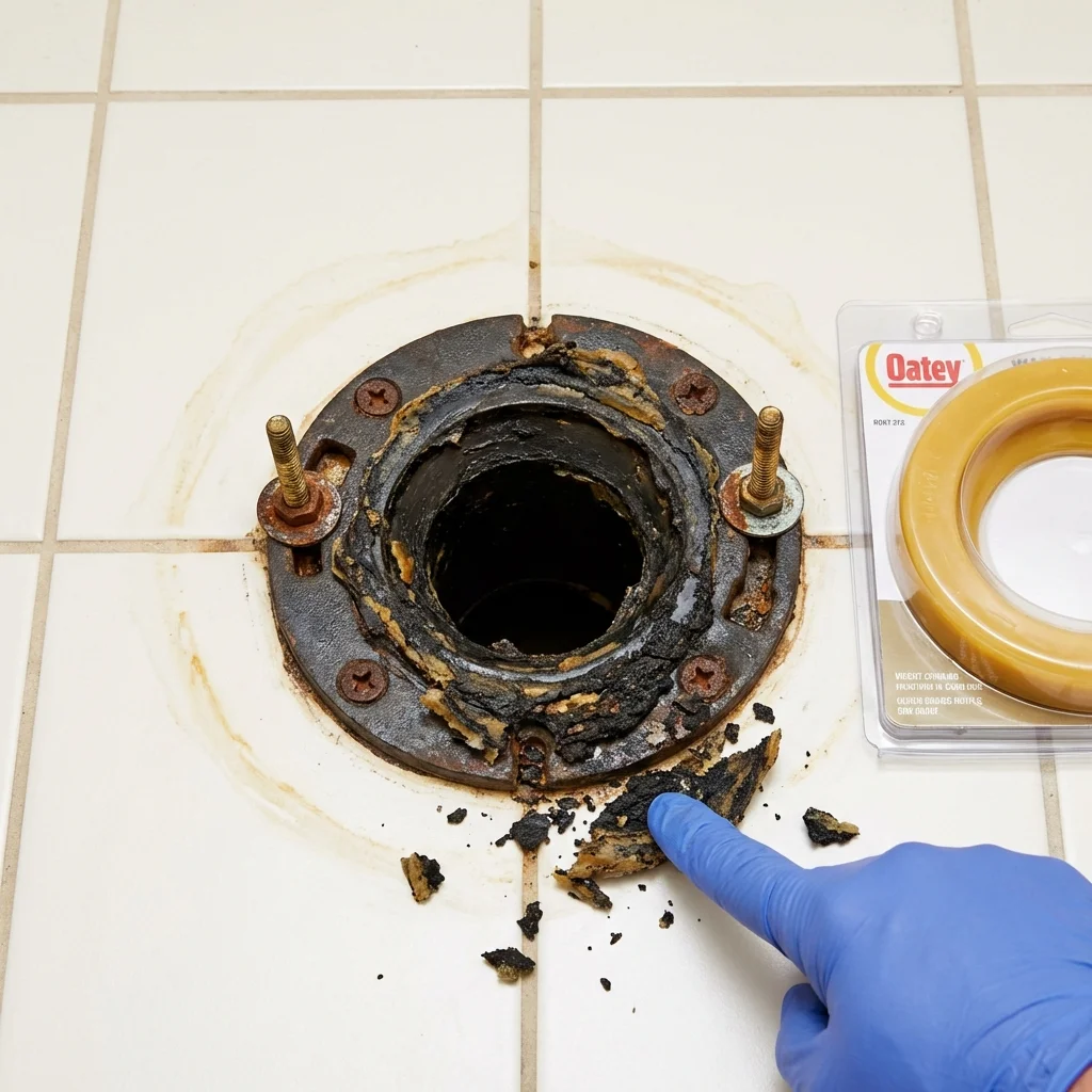 Failed wax ring showing water seepage at the base of a toilet in a Cambridge, NY home
