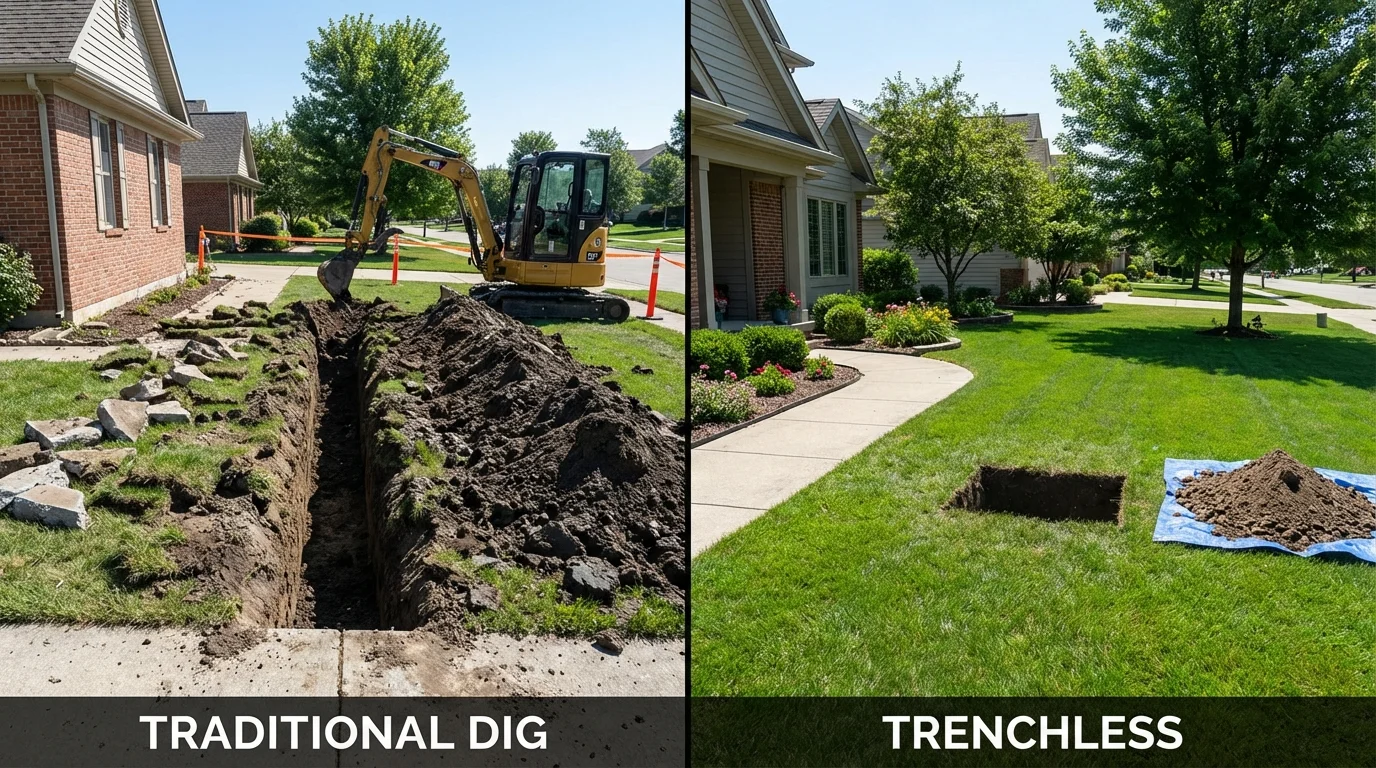 Trenchless sewer repair with minimal yard damage versus traditional excavation in Cambridge, NY